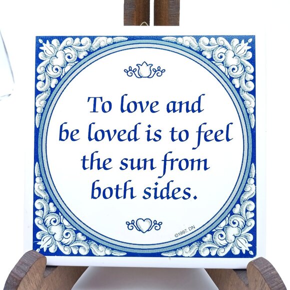 Vintage Love and Be Loved Ceramic Tile for Wall or Trivet, 6in Blue and White - Picture 1 of 2
